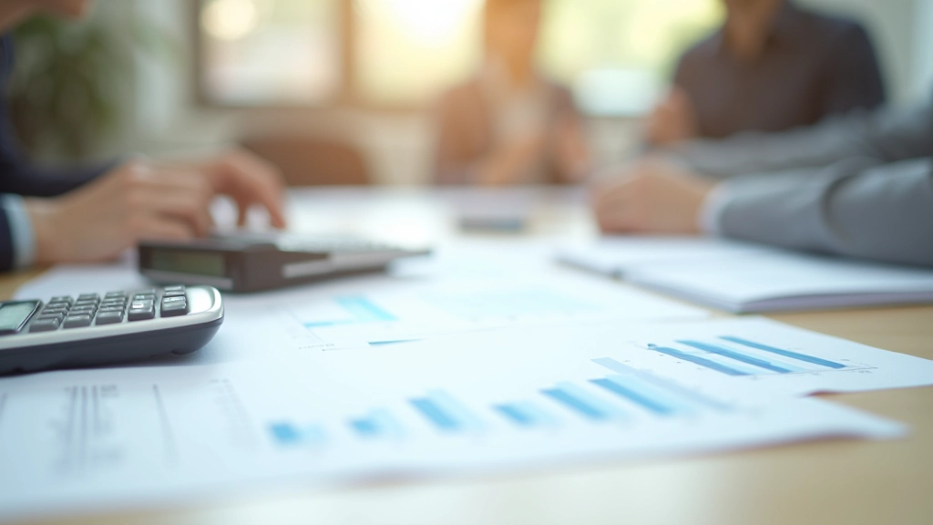 Nahaufnahme eines Schreibtischs mit Dokumenten, Rechner und Grafiken zur Finanzanalyse und Budgetplanung