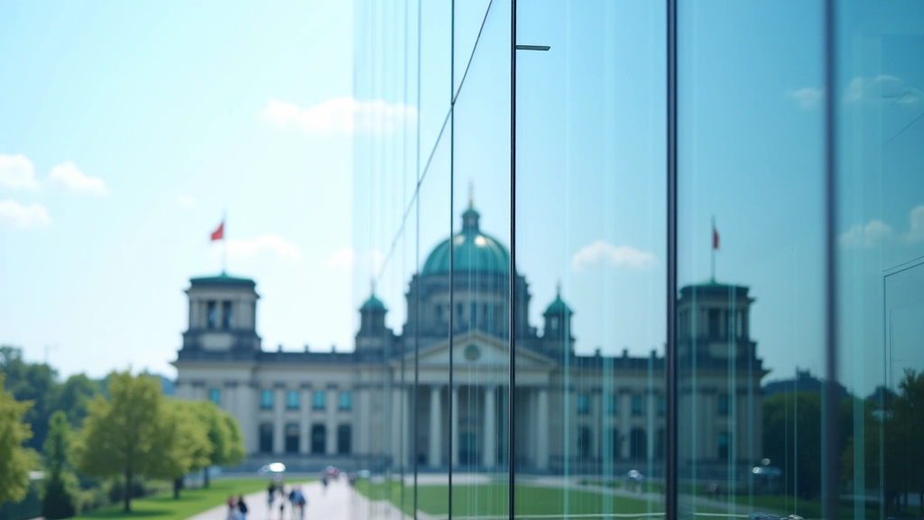 Modernes Bürogebäude in Berlin mit Reichstag im Hintergrund symbolisierend Bundestag und Reformdebatten