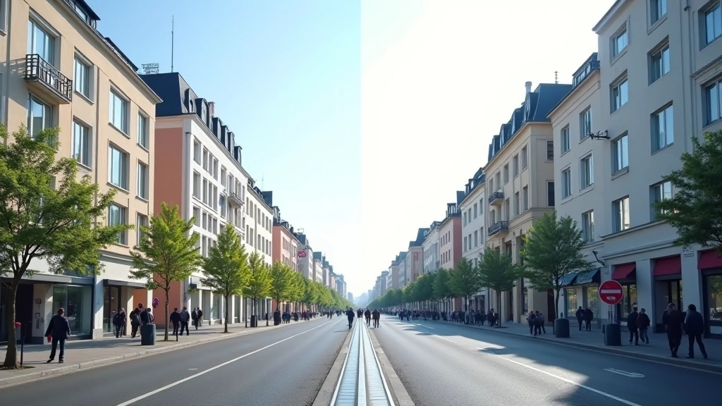 Vergleich zwischen moderner Infrastruktur im Osten und Westen Deutschlands mit städtischen Szenen
